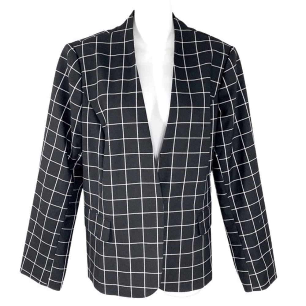Tommy Hilfiger black white windowpane grid snap front blazer jacket 16